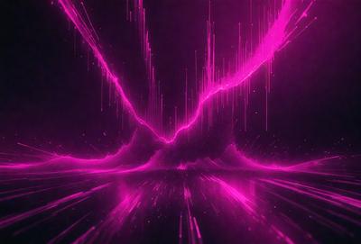 The primary subject of the image is a pink light, which appears to be a neon light or a purple light. The light is shining through a tunnel-like structure, creating a unique visual effect. The setting is a dark room, and the visual style is a combination of a photo and digital art. The dominant colors in the image are pink and purple, creating a warm and inviting atmosphere.