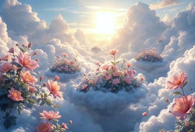 The primary subject of the image is a beautifully illustrated scene of flowers floating in a cloudy sky. The setting is a whimsical, dreamy atmosphere with clouds and sunlight creating a sense of wonder. The visual style is a combination of digital art and illustration, creating a vibrant and lively scene. The colors are predominantly pink and white, giving the image a soft and delicate mood.