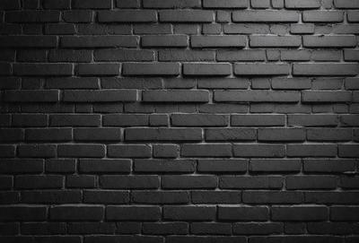 The primary subject of the image is a black brick wall. The setting is a brick wall, and the visual style is a photo. The dominant colors are black and white, creating a stark and minimalist atmosphere.