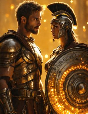 The primary subject of the image is a man and a woman, both wearing gold armor, standing close to each other. They appear to be a couple, possibly a warrior and his partner. The setting is a battlefield, with a backdrop of a yellow sky. The visual style is a digital art, creating a dynamic and dramatic atmosphere. The dominant colors are gold and yellow, giving the image a warm and vibrant feel.