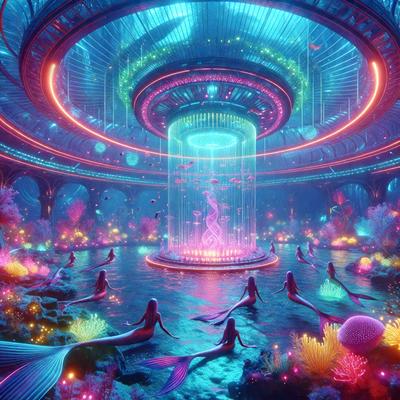 The primary subject of the image is a group of mermaids, with a total of nine mermaids visible in the scene. They are swimming in a large, colorful underwater environment, which includes a variety of fish and other aquatic creatures. The setting is a vibrant, lively underwater world with a mix of blue, pink, and green colors. The visual style of the image is digital art, creating a fantastical and imaginative atmosphere. The overall mood of the scene is one