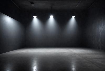 The primary subject of the image is a large, empty room with a concrete floor. The room is dimly lit by three lights hanging from the ceiling, creating a moody atmosphere. The setting is a dark room with a concrete floor, and the visual style appears to be a photo. The colors and mood of the image are predominantly dark, with the lights providing a contrasting element.