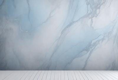 The primary subject of the image is a marble wall with a blue tint. The setting is a room with a white floor. The visual style is a photo of a marble wall with a blue tint. The colors and mood of the image are predominantly blue and white, creating a clean and elegant atmosphere.