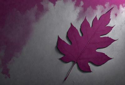The primary subject of the image is a purple maple leaf. The leaf is placed on a gray surface, which serves as the background. The visual style of the image is a combination of a photo and digital art, creating a unique and artistic representation of the leaf. The dominant colors in the image are purple and gray, giving the scene a calm and serene atmosphere.