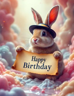 The primary subject of the image is a cute bunny holding a sign that reads "Happy Birthday." The setting is a colorful, whimsical background featuring clouds and a rainbow. The visual style is a combination of digital art and illustration, creating a playful and cheerful atmosphere. The dominant colors are pink, blue, and white, which contribute to the overall mood of the image.
