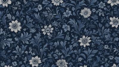 The primary subject of the image is a blue floral pattern, featuring a variety of flowers and leaves. The setting is a blue background, which complements the vibrant colors of the floral pattern. The visual style is a combination of digital art and illustration, creating a unique and eye-catching design. The dominant colors are blue and white, with the flowers and leaves adding a touch of vibrancy to the overall atmosphere.