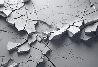 The primary subject of the image is a large, white, cracked wall. The setting is a room with a white background. The visual style is a combination of photo and digital art, creating a unique and intriguing appearance. The colors and mood are predominantly white, giving the scene a clean and minimalist feel.