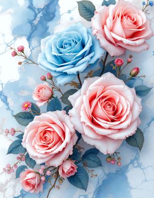 The primary subject of the image is a bouquet of pink and blue roses. The setting is a blue and white background, which adds a vibrant and lively atmosphere to the scene. The visual style is a painting, which showcases the artist's skill in capturing the beauty of the roses. The colors and mood of the image are predominantly pink and blue, creating a sense of warmth and tranquility.