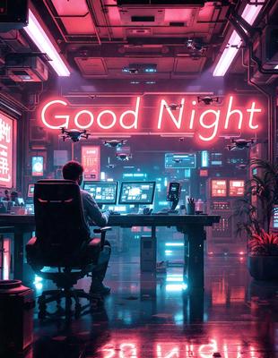 The primary subject of the image is a man sitting at a desk in a futuristic setting. He is working on a computer, surrounded by various screens and monitors. The setting includes a futuristic room with a neon sign that reads "Good Night." The visual style of the image is a combination of digital art and illustration, creating a unique and immersive atmosphere. The colors and mood of the image are predominantly blue and purple, giving it a calm and futuristic vibe.