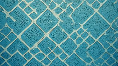 The primary subject of the image is a blue tile with a pattern of flowers. The setting is a wall, and the visual style is a combination of a photo and digital art. The dominant colors are blue and white, creating a calm and soothing atmosphere.