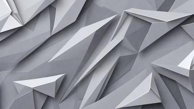 The primary subject of the image is a large, intricate, and geometric design made of silver or grey metal. The design features a combination of angles, curves, and lines, creating a visually striking pattern. The setting is a grey or silver wall, which serves as the backdrop for the artistic piece. The visual style of the image is a blend of digital art and illustration, showcasing the artist's skill in crafting a complex and detailed design. The colors and mood of the image are predominantly