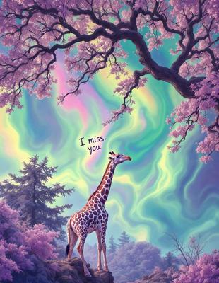 The primary subject of the image is a giraffe standing in a forest. The setting is a lush, colorful forest with trees and flowers. The visual style is a digital art or illustration, creating a vibrant and whimsical atmosphere. The dominant colors are pink, purple, and green, which contribute to the overall mood of the scene.