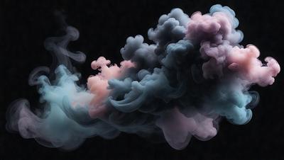 The primary subject of the image is a cloud of smoke, which appears to be a mix of pink, blue, and purple colors. The setting is a dark background, which contrasts with the vibrant colors of the smoke. The visual style of the image is a close-up of the smoke, emphasizing its texture and movement. The colors and mood of the image are lively and energetic, with the pink, blue, and purple hues creating a sense of excitement and dynamism.