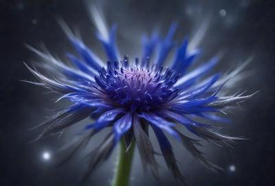 The primary subject of the image is a blue flower with purple petals, which is the main focus of the image. The setting is a dark background, which creates a dramatic and moody atmosphere. The visual style is a close-up of the flower, showcasing its details and colors. The dominant colors are blue and purple, which evoke a sense of calmness and tranquility.
