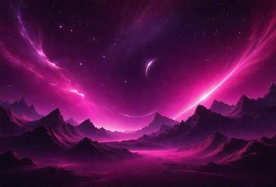 The primary subject of the image is a pink sky with a purple hue, featuring a mountain range in the background. The setting appears to be a futuristic landscape, possibly a digital art or illustration. The visual style gives the impression of a surreal or fantastical environment. The dominant colors in the image are pink and purple, creating a dreamy and otherworldly atmosphere.