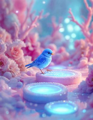 The primary subject of the image is a small blue bird perched on a pink surface. The setting is a pink and white flower garden, with the bird standing on a pink cake. The visual style is a digital art, creating a whimsical and colorful scene. The dominant colors are pink and blue, giving the image a cheerful and vibrant atmosphere.