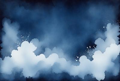 The primary subject of the image is a cloudy sky with a blue background. The setting appears to be a nighttime scene, as the sky is dark and the clouds are illuminated by the moonlight. The visual style of the image is a combination of digital art and illustration, creating a surreal and dreamy atmosphere. The dominant colors in the image are blue and white, with the clouds being predominantly white. The overall mood of the image is serene and peaceful, as the viewer is drawn into the