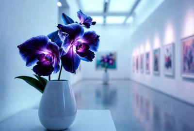 The primary subject of the image is a white vase filled with purple flowers. The vase is placed on a table, and the flowers are arranged in a visually appealing manner. The setting appears to be a room with a white wall, which serves as the background for the vase and flowers. The visual style of the image is a close-up of the vase and flowers, emphasizing their beauty and details. The colors and mood of the image are predominantly purple, creating a serene and calming