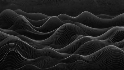 The primary subject of the image is a black and white pattern of waves. The setting is a dark background, which contrasts with the waves. The visual style is a combination of a photo and a digital art, illustration, or drawing. The dominant colors are black and white, creating a moody atmosphere.