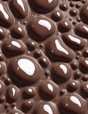 The primary subject of the image is a close-up of a chocolate surface with a pattern of white droplets. The setting is a chocolate-covered surface, possibly a chocolate bar or a chocolate-themed item. The visual style is a close-up, which emphasizes the details of the chocolate and the white droplets. The colors and mood of the image are predominantly brown and white, with the white droplets adding a touch of brightness and contrast