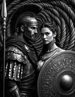 The primary subject of the image is a man and a woman standing together, with the man wearing a helmet and holding a shield. They are positioned in front of a rope, which serves as the setting or background of the scene. The visual style of the image is a black and white illustration, giving it a classic and timeless appearance. The dominant colors in the image are black and white, creating a strong contrast and emphasizing the subjects' features. The overall atmosphere of the image is one of strength and unity, as