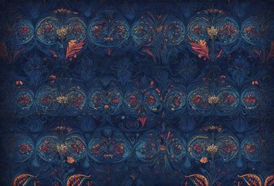 The primary subject of the image is a blue and orange patterned fabric with a floral design. The setting is a blue background, and the visual style appears to be a digital art or illustration. The colors and mood of the image are vibrant and lively, with the blue and orange colors creating a striking contrast.