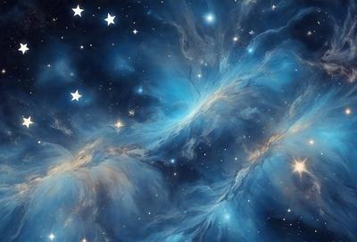 The primary subject of the image is a beautiful, blue nebula with a starry background. The setting is a night sky filled with stars, creating a serene and captivating atmosphere. The visual style is a combination of a photo and digital art, as the image is a blend of real-life celestial elements and artistic interpretation. The dominant colors are blue and white, with the blue nebula being the central focus of the scene.