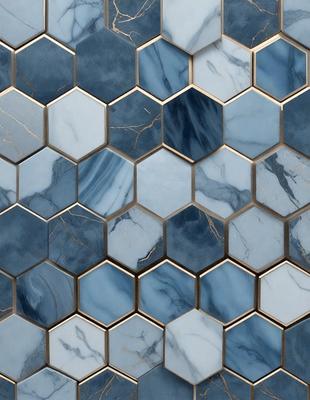 The primary subject of the image is a blue and white marble tile pattern. The setting is a bathroom, with the tiles covering the walls and floor. The visual style is a close-up of the tiles, showcasing their intricate design. The dominant colors are blue and white, creating a clean and elegant atmosphere.