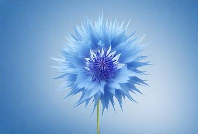 The primary subject of the image is a blue flower with a purple center, which is the main focus of the image. The setting is a blue background, which creates a contrasting and visually appealing environment. The visual style of the image is a digital art or illustration, as it is a close-up of the flower with a detailed and vibrant appearance. The dominant colors in the image are blue and purple, giving the image a calm and serene atmosphere.