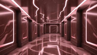 The primary subject of the image is a hallway with a marble floor. The setting is a large, dark room with a pink glow, giving it a unique and intriguing atmosphere. The visual style appears to be a combination of photo and digital art, creating a striking and surreal scene. The colors and mood are predominantly pink, which adds a sense of warmth and mystery to the environment.