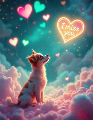 The primary subject of the image is a small dog sitting on a cloud. The setting is a pink and blue sky with hearts floating around, creating a whimsical and playful atmosphere. The visual style is a digital art or illustration, with the dog and the hearts being the main focus of the scene. The colors and mood are bright, cheerful, and lighthearted, with the hearts adding a sense of warmth and love to the image.