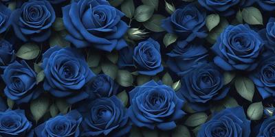 The primary subject of the image is a large group of blue roses. The setting is a dark blue background, which creates a striking contrast with the blue roses. The visual style is a close-up of the blue roses, showcasing their beauty and detail. The colors and mood of the image are predominantly blue, giving it a calm and serene atmosphere.