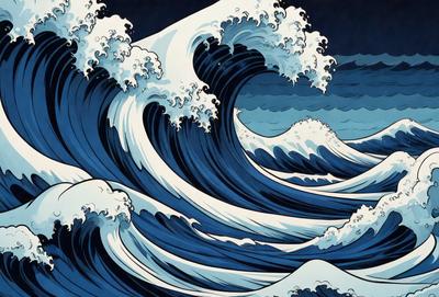 The primary subject of the image is a large wave, which is the main focus of the scene. The wave is depicted in a painting or drawing, giving it a more artistic and creative visual style. The setting is a vast ocean, with the wave crashing against the water. The colors and mood of the image are predominantly blue, which adds to the overall atmosphere of the scene.