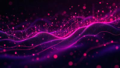 The primary subject of the image is a purple and pink wave pattern. The setting is a dark background, which contrasts with the vibrant colors of the wave pattern. The visual style is a combination of digital art and illustration, creating a unique and eye-catching design. The dominant colors are purple and pink, giving the image a calming and soothing atmosphere.