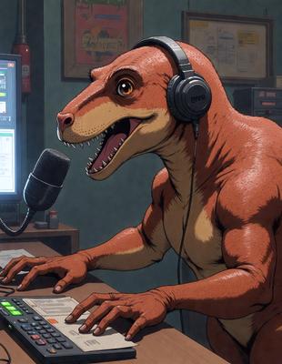 The primary subject of the image is a cartoon dinosaur, specifically a T-Rex, sitting at a desk and using a computer. The setting is an office environment, with a computer monitor, keyboard, and mouse visible on the desk. The visual style is a comic or cartoon illustration, giving the scene a lighthearted and humorous atmosphere. The colors are predominantly shades of orange and brown, which are typical colors for a T-Rex.