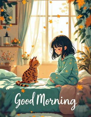 The primary subject of the image is a young girl sitting on a bed, accompanied by a cat. The setting is a cozy bedroom with a window, and the visual style is a digital art illustration. The colors and mood of the image are warm and inviting, with the girl and the cat being the main focus of the scene.