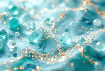 The primary subject of the image is a blue background with gold glittery bubbles floating on it. The setting appears to be a blue and gold swimming pool, with the bubbles giving the impression of a water surface. The visual style is a combination of digital art and illustration, creating a unique and eye-catching design. The colors and mood of the image are predominantly blue and gold, giving it a serene and calming atmosphere.