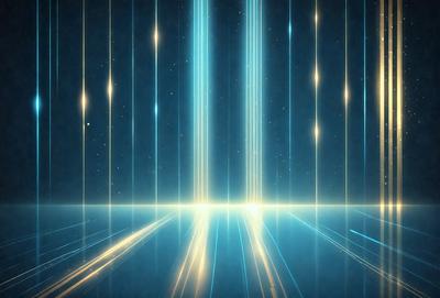 The primary subject of the image is a blue background with yellow lines and streaks. The setting appears to be a futuristic or space-themed environment. The visual style is a combination of digital art and illustration, creating a unique and captivating scene. The dominant colors are blue and yellow, giving the image a vibrant and energetic atmosphere.