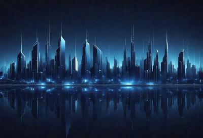 The primary subject of the image is a futuristic cityscape, featuring a large number of skyscrapers and buildings. The setting is a dark, blue-tinged environment, which adds to the overall mood of the scene. The visual style of the image is a combination of digital art and illustration, creating a striking and unique representation of the city. The colors and mood of the image are predominantly dark and moody, with the blue hues of the environment contrasting with the bright lights of the