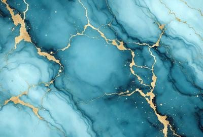 The primary subject of the image is a blue and gold marbled wall. The setting is a room with a blue and gold marbled wall, which serves as the background. The visual style is a combination of a photo and digital art, creating a unique and intricate design. The dominant colors are blue and gold, giving the wall a luxurious and elegant appearance.