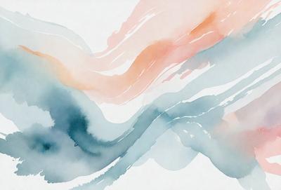 The primary subject of the image is a painting of a wave. The setting is a white background, and the visual style is a watercolor painting. The dominant colors in the painting are blue, pink, and orange, creating a vibrant and dynamic atmosphere.