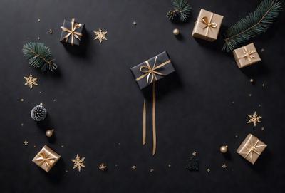 The primary subject of the image is a close-up of a gold bow on a package. The setting is a black background, which creates a contrast with the gold bow. The visual style is a combination of photo and digital art, as the bow appears to be a part of a larger illustration. The colors and mood of the image are predominantly gold and warm, giving it a festive and celebratory atmosphere.
