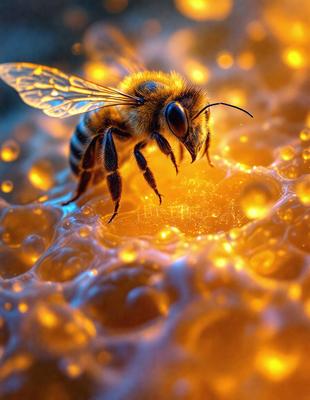 The primary subject of the image is a bee, which is the main focus of the scene. The bee is standing on a surface that appears to be a combination of a bubble and a honeycomb, with a yellowish glow. The setting is likely an outdoor environment, as the bee is interacting with the honeycomb. The visual style of the image is a close-up of the bee, showcasing its details and texture. The colors and mood of the image are warm and inviting