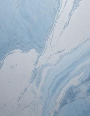 The primary subject of the image is a blue and white marble tile. The setting is a bathroom, with the marble tile covering the walls and floor. The visual style is a close-up of the tile, showcasing its intricate design and texture. The colors and mood of the image are predominantly blue and white, creating a clean and elegant atmosphere.