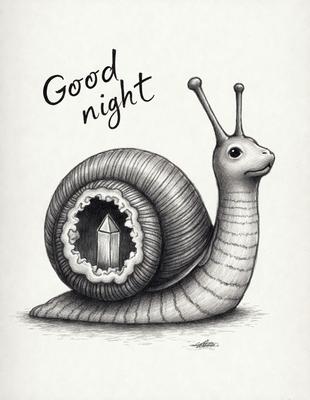 The primary subject of the image is a cartoon drawing of a snail. The snail is depicted with a house in its shell, and it is situated on a surface that appears to be a piece of paper. The visual style of the image is a combination of digital art and illustration, giving it a unique and creative appearance. The colors and mood of the image are predominantly black and white, with a touch of humor and whimsy.