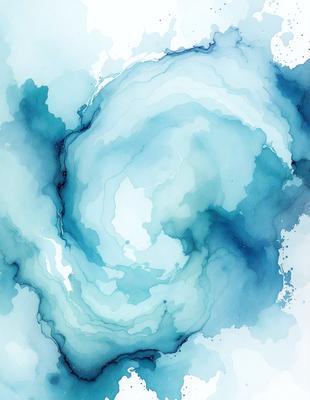 The primary subject of the image is a blue and white swirl, which appears to be a water-based design. The setting is a white background, and the visual style is a combination of digital art and illustration. The dominant colors are blue and white, creating a calming and soothing atmosphere.
