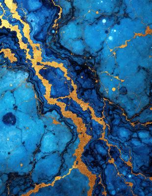 The primary subject of the image is a blue marble with gold accents. The setting is a blue background, and the visual style appears to be a combination of photo and digital art. The dominant colors are blue and gold, creating a sense of luxury and elegance.