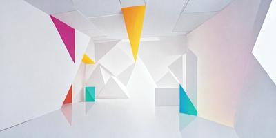 The primary subject of the image is a white room with a variety of geometric shapes and colors. The room features a white wall with a yellow cone, a blue cone, and a green cone. The walls are adorned with a series of triangles, creating a visually interesting and unique space. The setting appears to be a room with a white floor, and the visual style is a combination of digital art and illustration. The colors and mood of the room are predominantly white and yellow, creating a bright and cheerful atmosphere