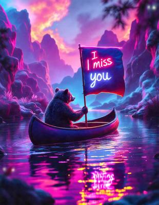 The primary subject of the image is a large teddy bear sitting in a boat. The boat is floating on a body of water, and the bear appears to be holding a sign. The setting is a colorful, artistic environment, with a vibrant atmosphere. The visual style is a combination of photo and digital art, creating a unique and eye-catching scene.