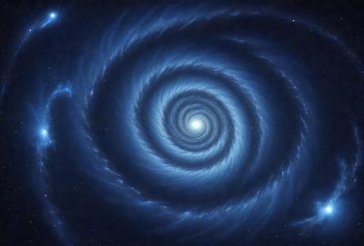 The primary subject of the image is a spiral galaxy, which is a large, swirling mass of stars and other celestial objects. The spiral galaxy is set against a dark, starry background, creating a sense of depth and space. The visual style of the image is a combination of photo and digital art, as it captures the beauty and intricacy of the galaxy in a detailed and realistic manner. The colors and mood of the image are predominantly dark and mysterious, with the